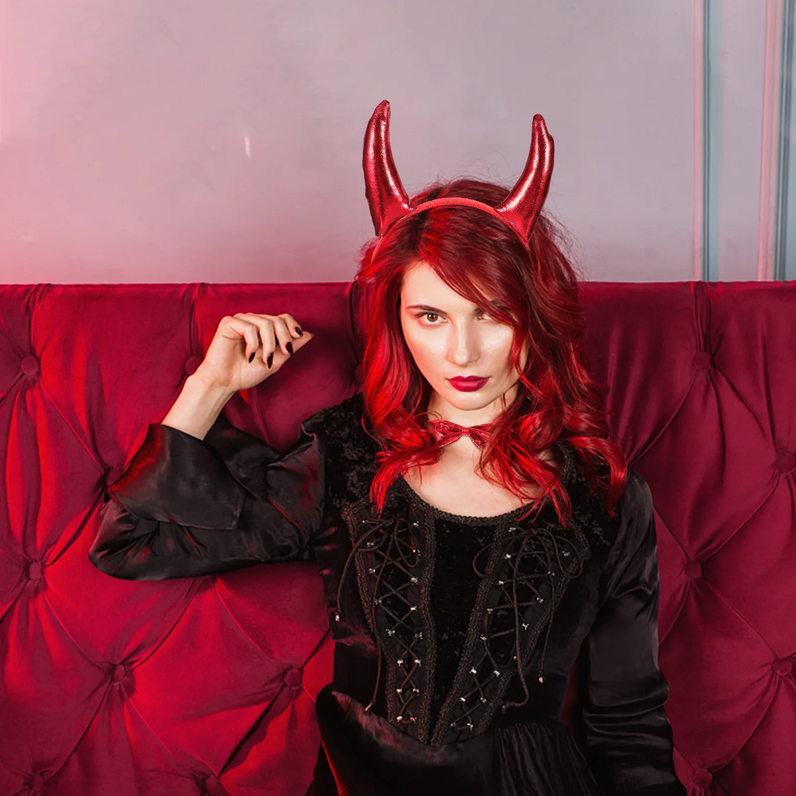 

3 piece Set Red Horn Headb Halloween Costume Ox Hair Hoops Role play Accessory Party Props Demon Decorations
