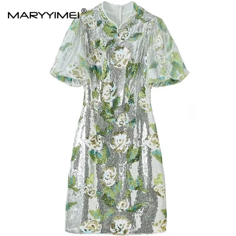 

MARYYIMEI Stand Collar Puff Sleeve Mesh Sequins Dress 2024 Spring Summer New Women's High Street Green Dresses
