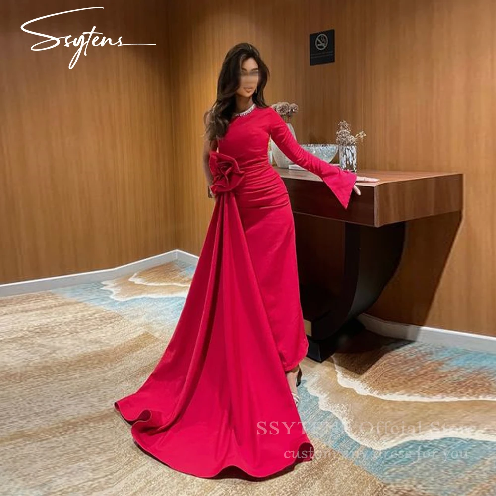 

SSYTENS Saudi Arabia Prom Dresses One Shoulder Dubai Evening Wedding Party Gowns Red Flowers Long Sleeve Formal Occasion Dress