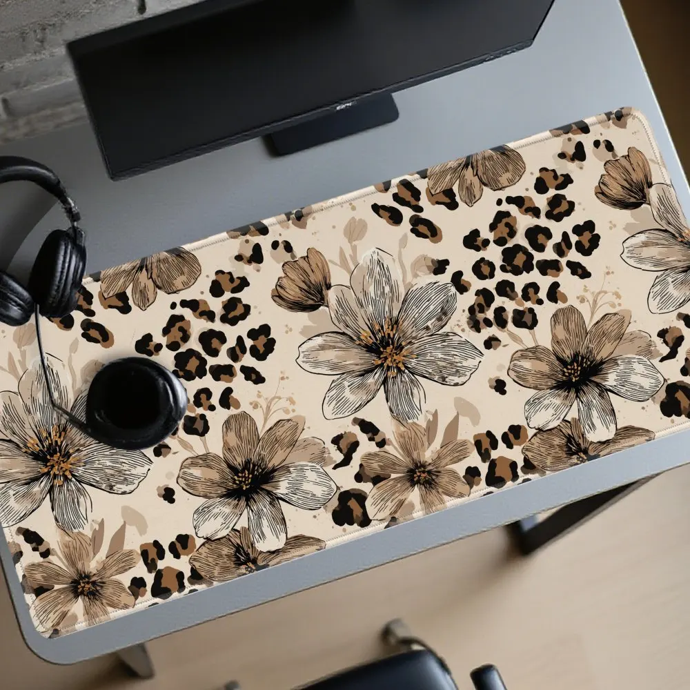 Large Gaming Desk Mat Mouse Pad Brown Floral Leopard with Flowers Animal Desk Mat Non-Slip Rubber Base Washable For Pc Office