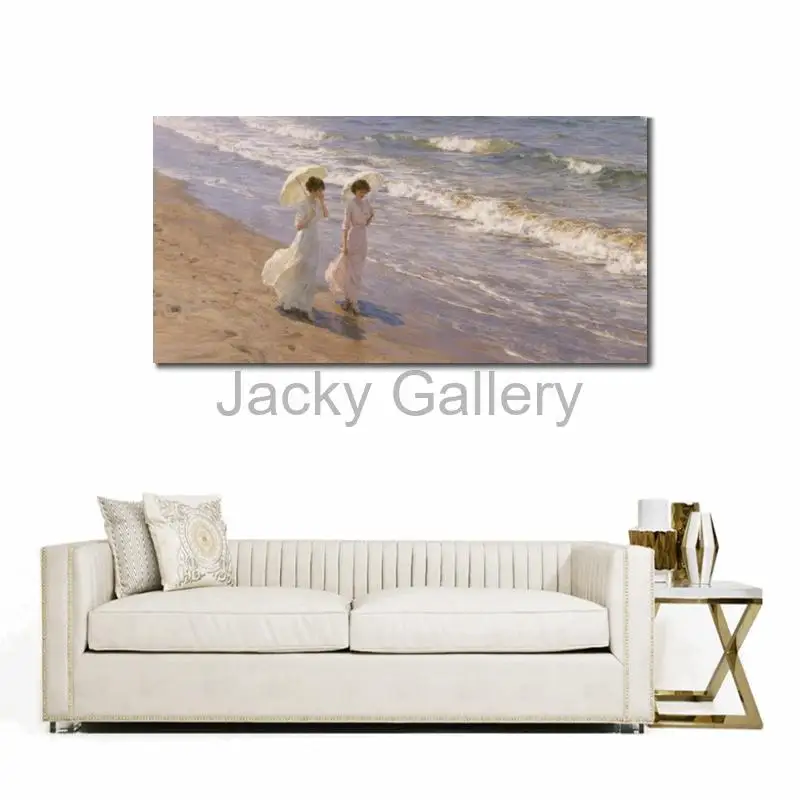 Hand Painted Joaquin Sorolla Painting Women Strolling on Beach Valencia Large Seascape Canvas Art Large Family Room Modern Decor