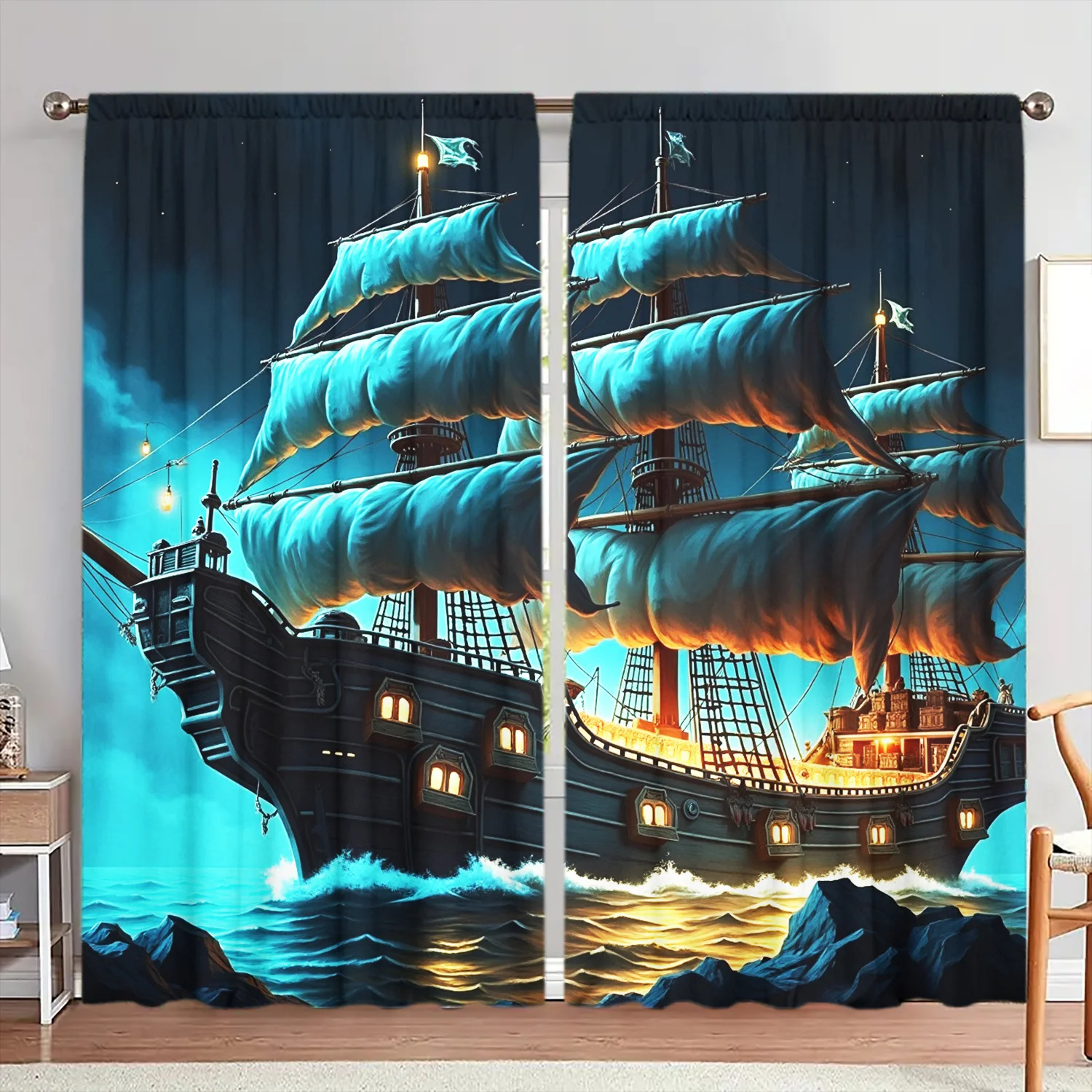 Vintage Pirate Ship Curtains, Fantasy Sailing Boat Print Blackout Drapes, Nautical Adventure Decor for Kids Bedroom Living Room
