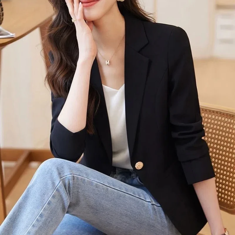 Women\'s Clothing Turn-down Collar Blazer Solid Color Button Up Cardigan Spring Autumn Shirt Coats Suits Office Lady Chic Tops