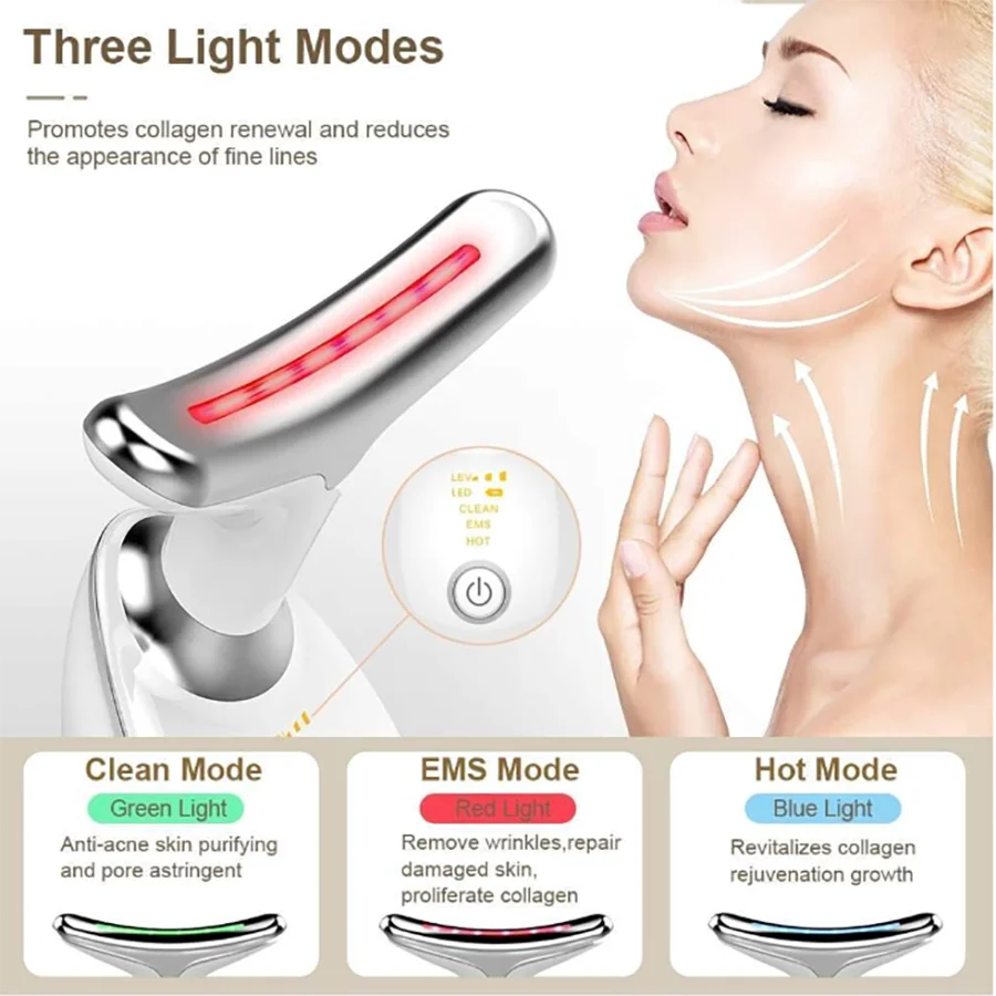 1pc Intense Pulsed Neck Face beauty instrument Firming Wrinkle Removal Tool ,Rechargeable LED three-color face and neck massager view 4