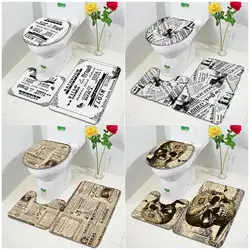 Vintage Old Newspaper Bath Mats Set Bathroom Rules French Paris Tower Skull Retro Door Rug Home Decor Anti-Slip Toilet Cover Mat