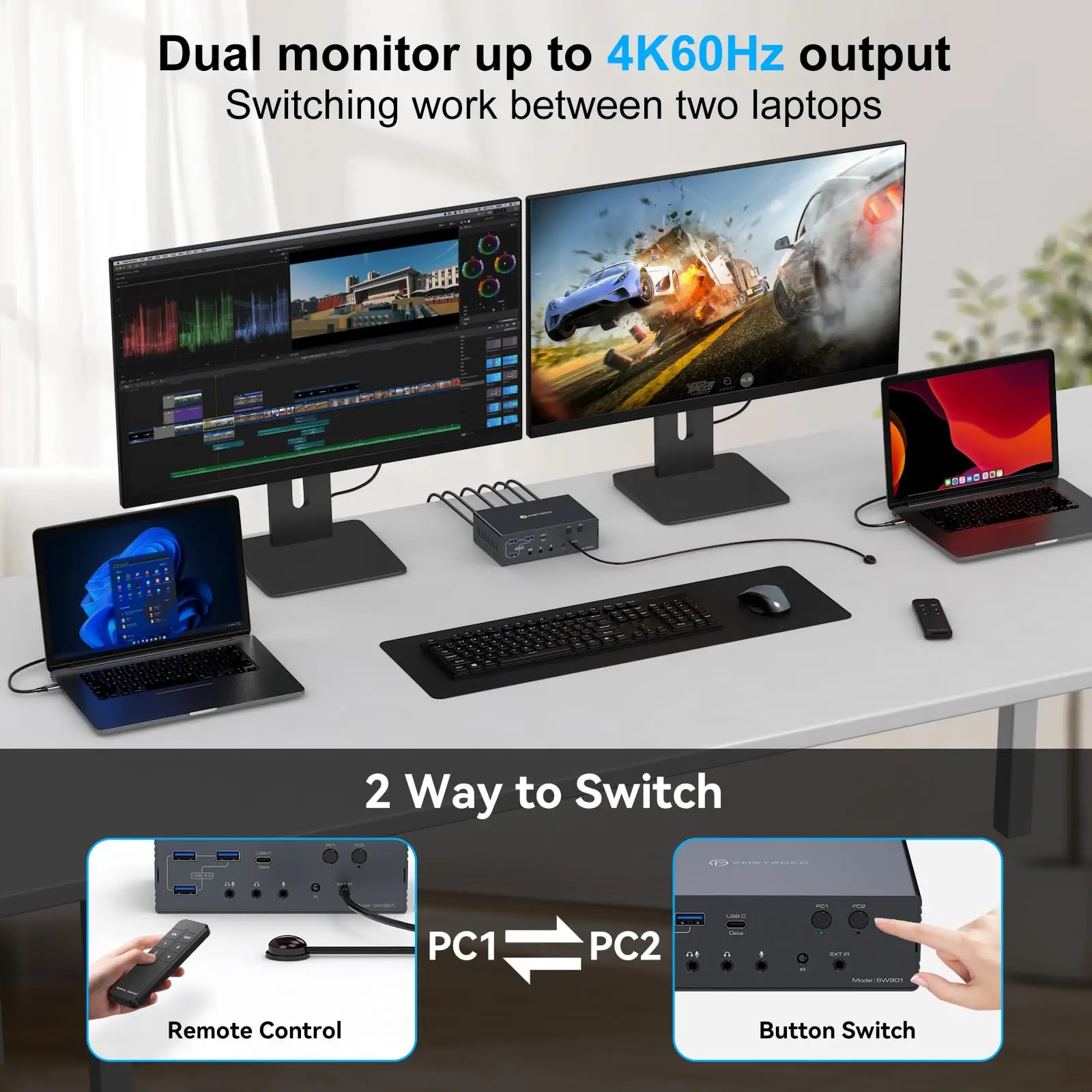 KVM Switch 2 شاشات 2/3/4 أجهزة كمبيوتر، محطة إرساء Thunderbolt 4K @ 60 هرتز تدعم USB3.0/USB C في DP/HDMI Out لنظام التشغيل Windows Mac