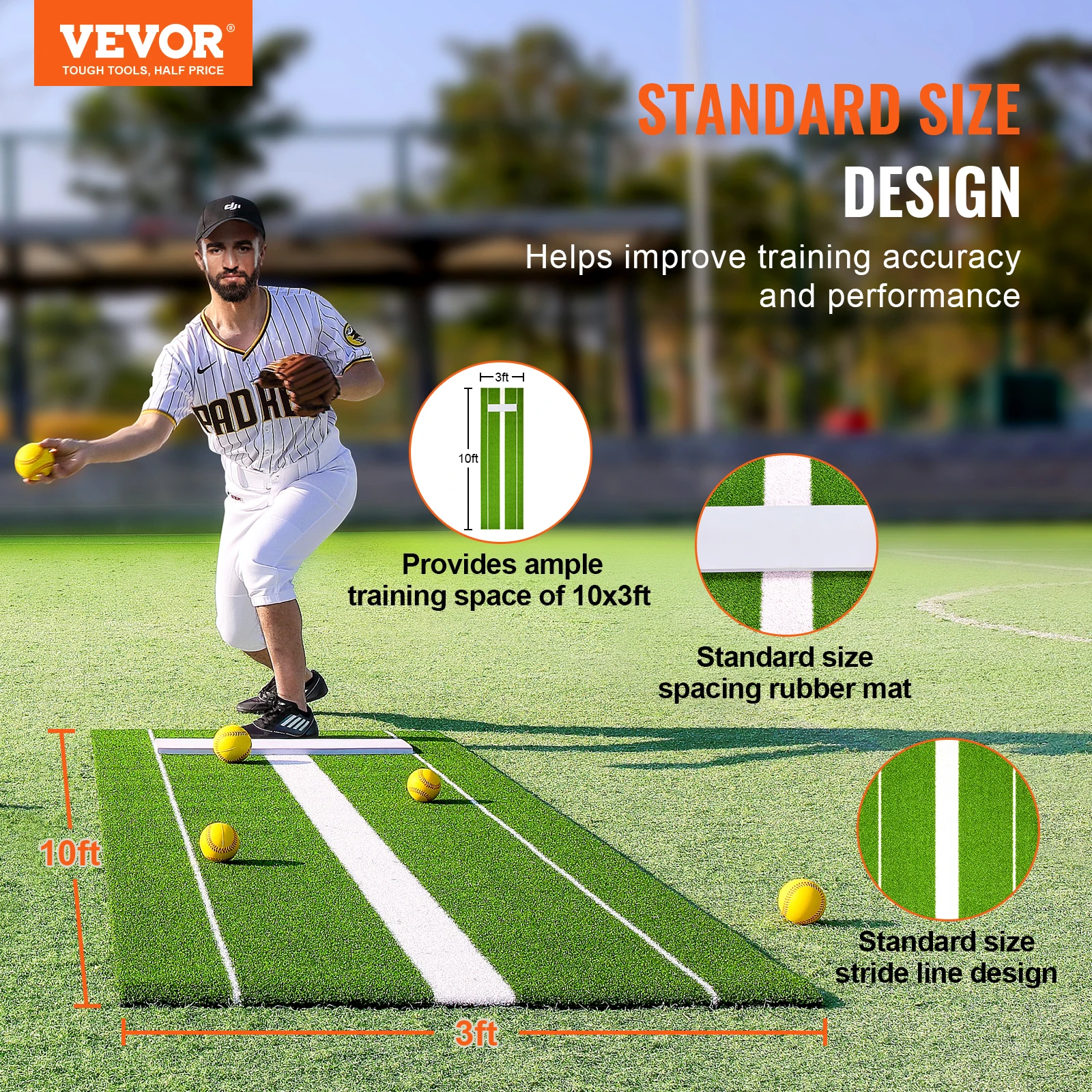 VEVOR 10' x 3' Softball Pitching Mat Softball Pitching Mound Antislip Antifade Rubber Softball Pitching Training  Mat  Green