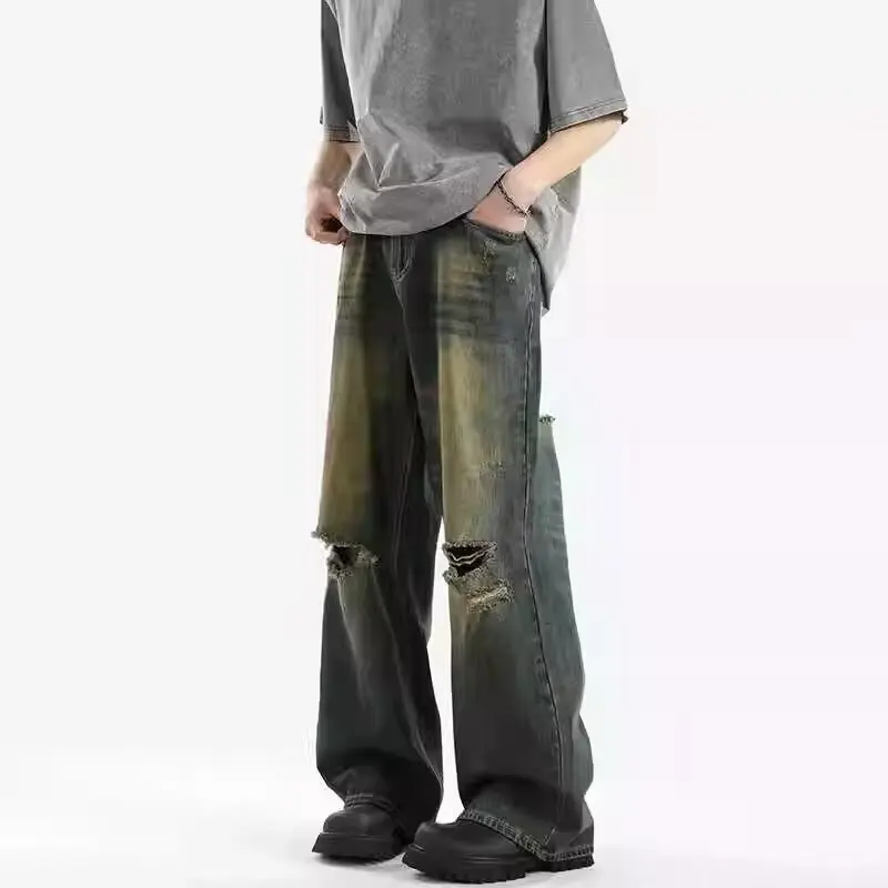 

American Sle Hip Hop Jeans Men's Spring Summer Trendy Brand Hole Straight Leg Retro Design High Street Long Pants