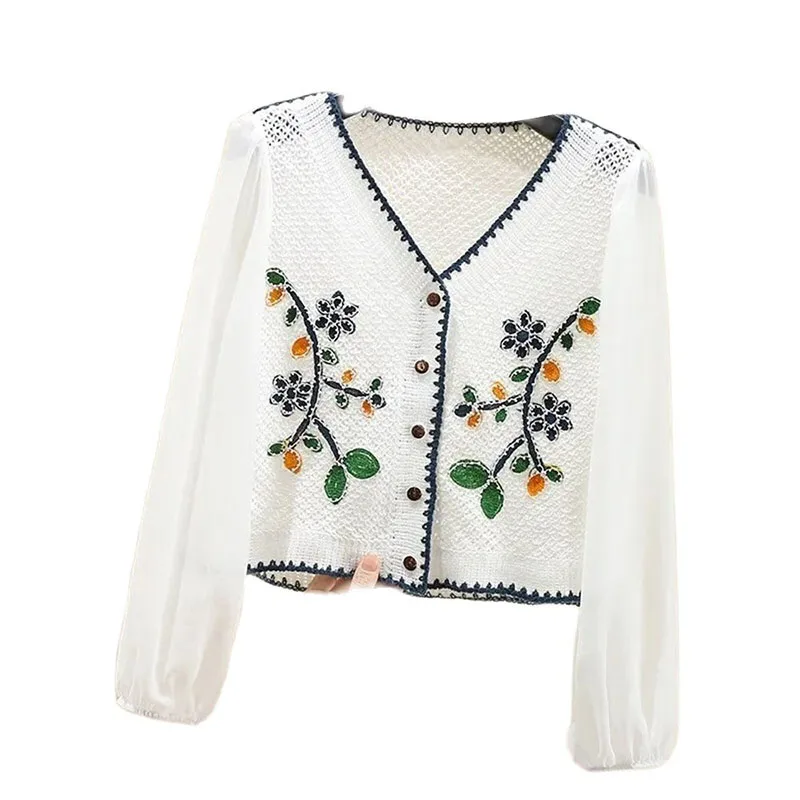 

Lady Temperament Korean Version 2022 New Summer Heavy Industry Embroidery Knitting Fashion Cardigan Long Sleeves Shirt Miss