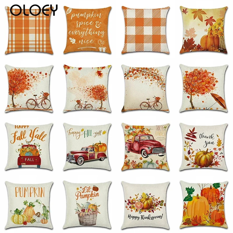 Thanksgiving Day Pillow Covers Pumpkin Truck Harvest Rustic Art Decor Cushion Cover Sofa Home Fall Autumn Farm 45*45 cm Printed