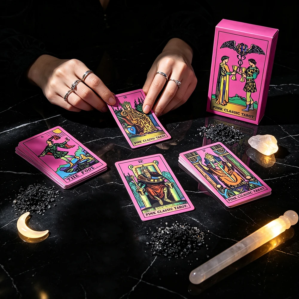 Pink Classic Tarot Deck Board Game Popular Divination Oracle Card Game,Psychology Fortune Telling Cards for Tarot Beginners