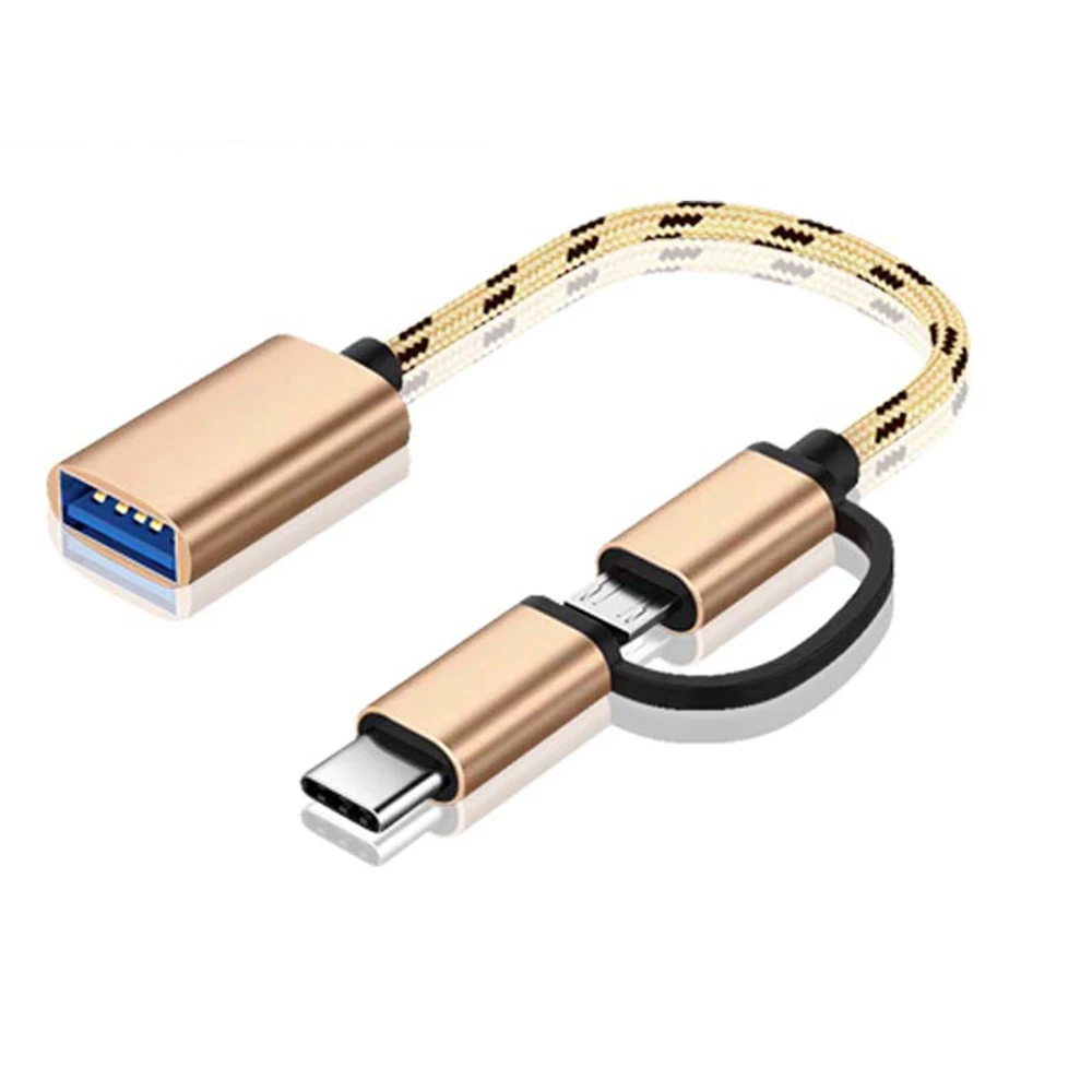 2in1 OTG Type-C + USB 3.0 كابل محول سلك مضفر من النايلون عالي القوة لكابل واجهة مزدوجة أندرويد