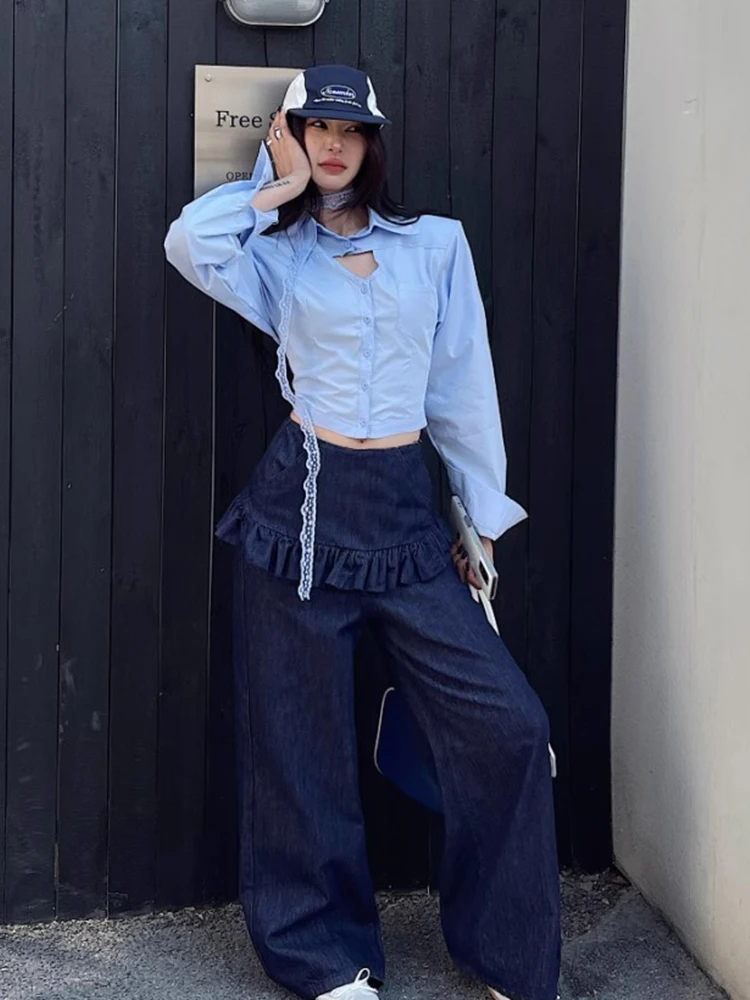Eleganckie jeansy damskie w stylu vintage z wysokim stanem, kwiatowym wykończeniem, imitacja dwóch części, proste nogawki, casualowe spodnie z wysokim stanem i szerokimi nogawkami.