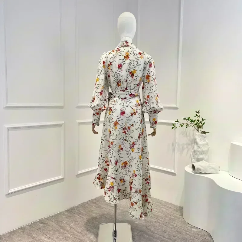 2023 Spring Top Quality Floral Printing Elegant Self Tie Wrap Frill Ruffle Midi Dress Women