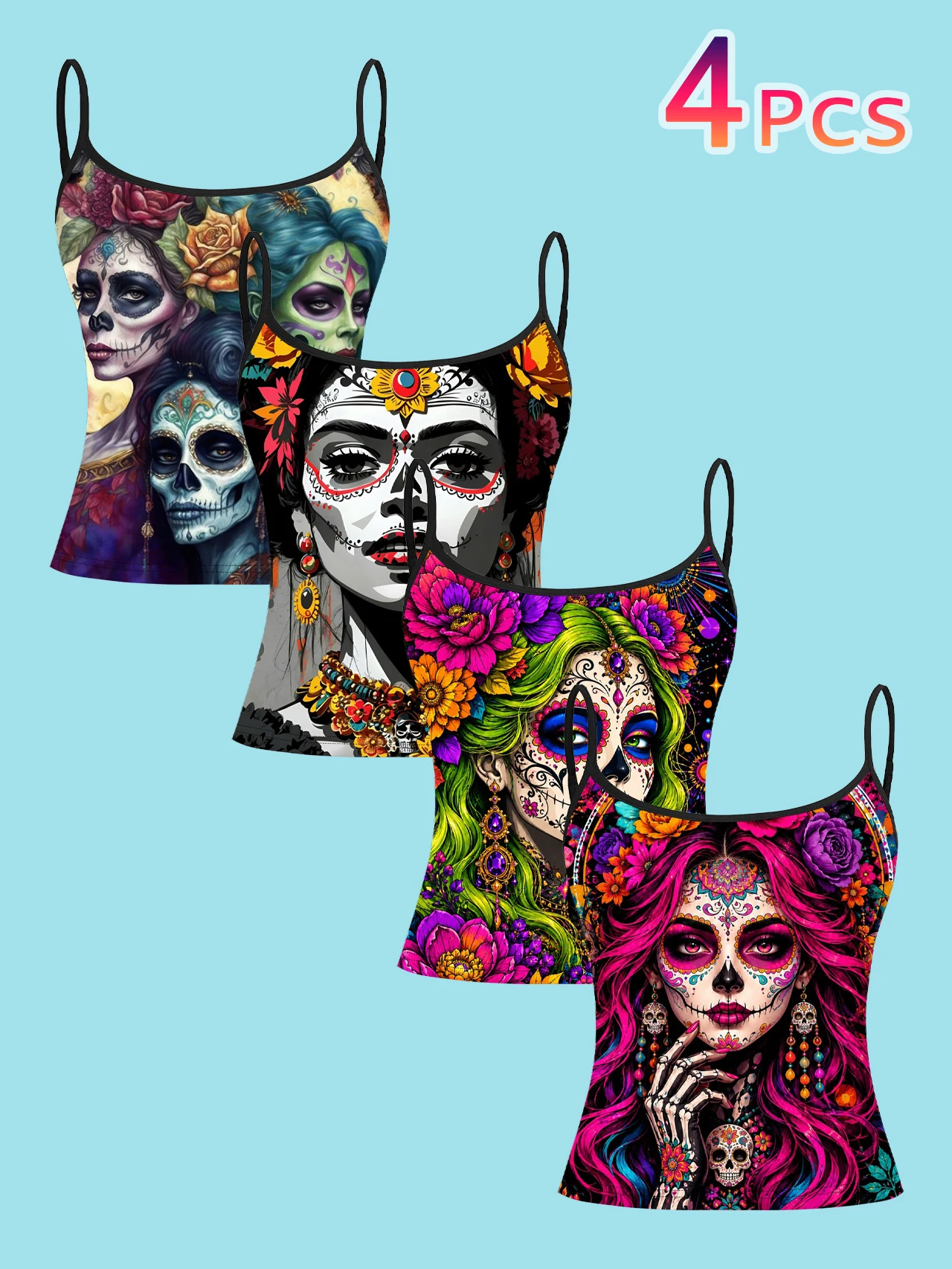 4-Piece Set of Day of the Dead Sugar-Colored Beauty Portrait Floral Print Camisole for Women, Mexican Style Spaghetti Strap Slim-Fit Inner Top