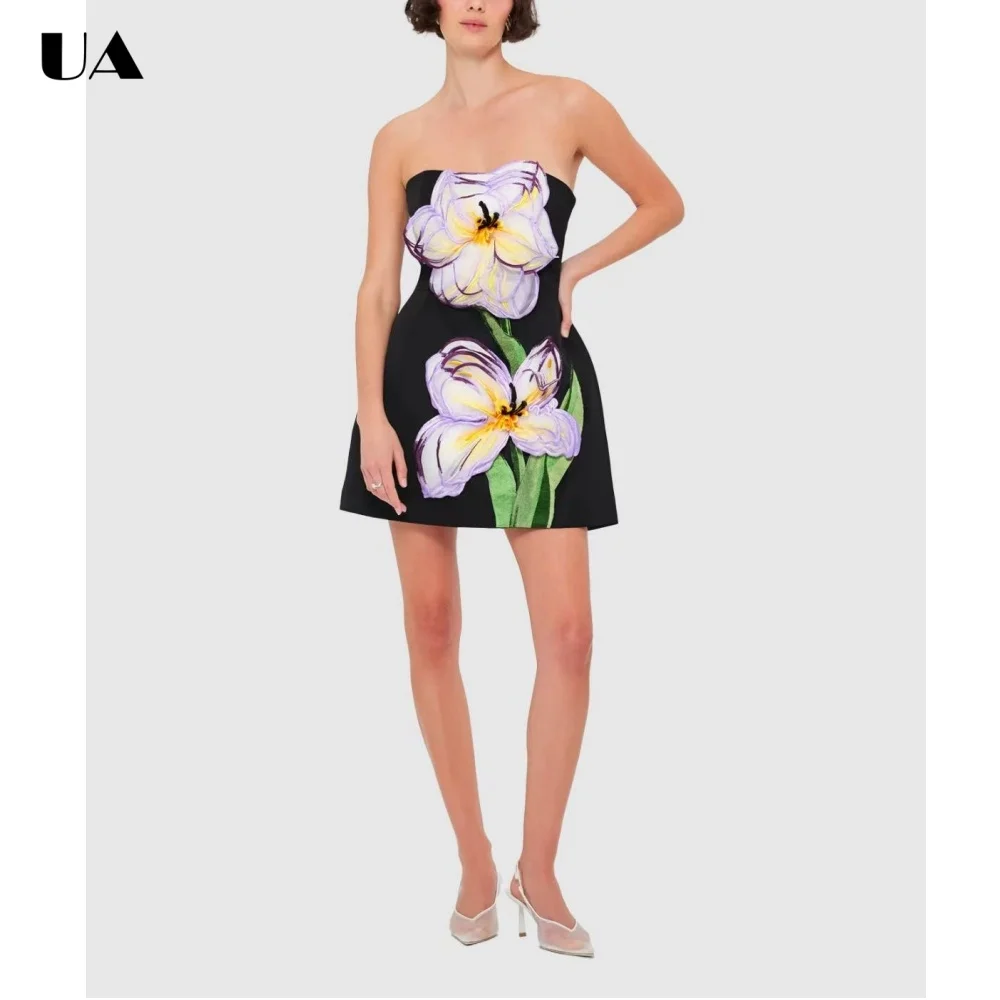 

Fashionable Embroidered Strapless Mini Dress Trendy Fit-and-flare Short Dress for Woman Vintage Sleeveless Cocktail Party Dress