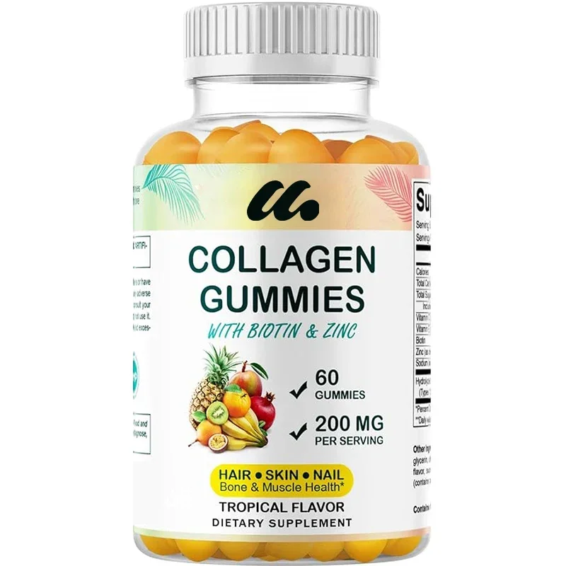 

Vitamin hydrolyzed collagen gummies contain vitamin C, zinc, and biotin, supporting healthy skin