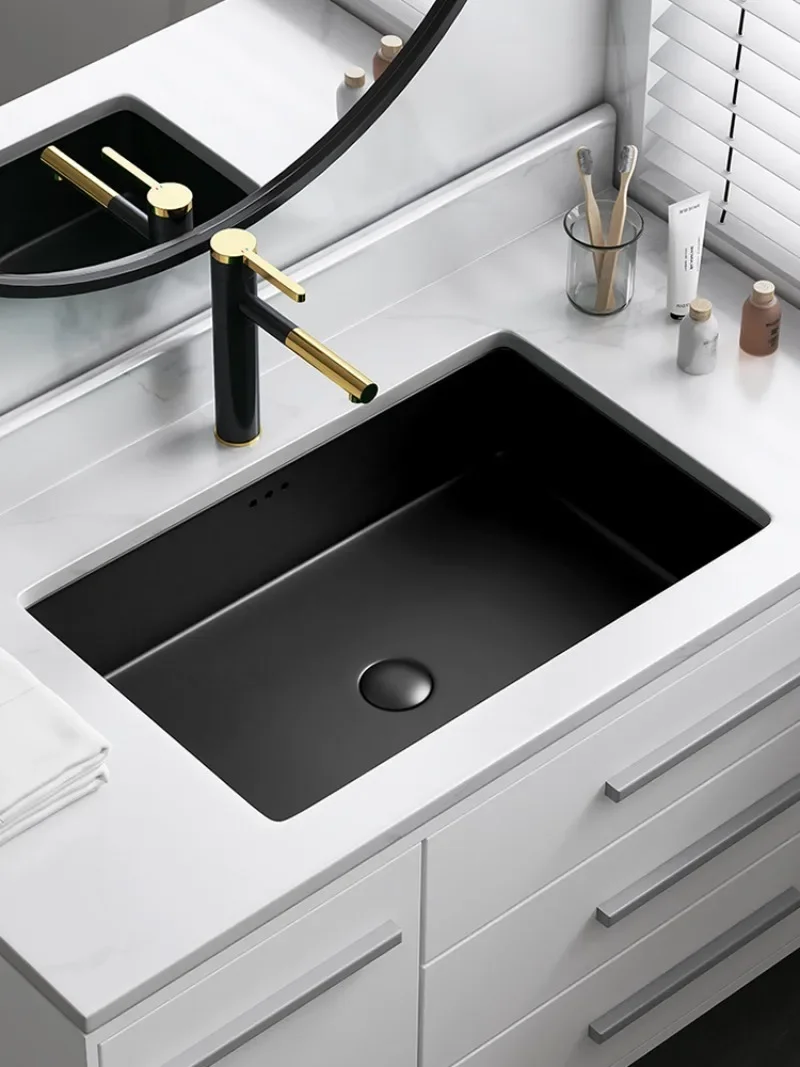 Square Embedded Ceramic Washing Table, Nordic Flat Bottom, Large Capacity, Black Matte, Under the Counter, Face Hand Basin