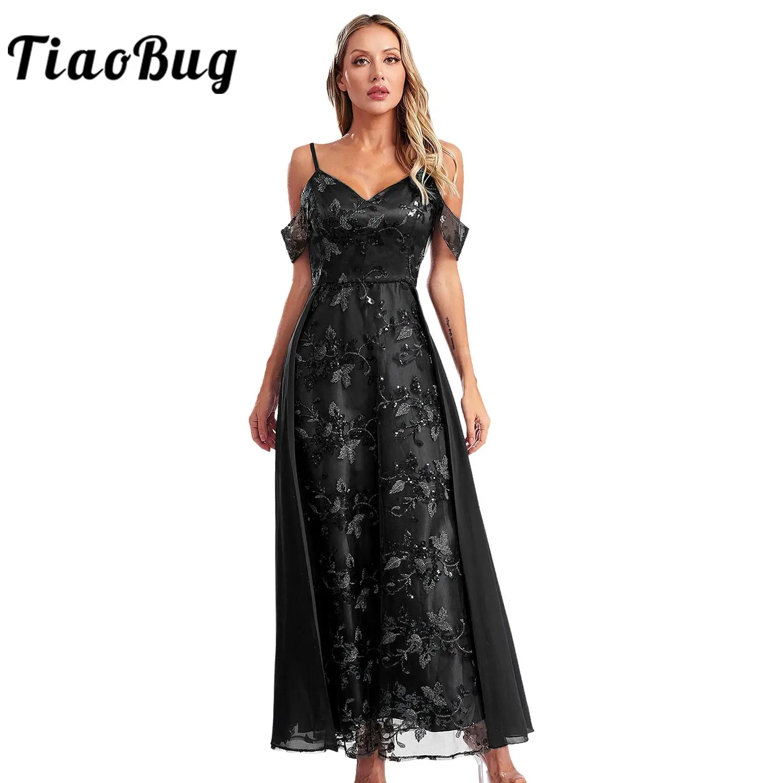 Bridesmaid Dress Women Sleeveless Spaghetti Strap Sequin Embroidery Full Length Dress Gown for Party Balls Banquet Wedding Guest