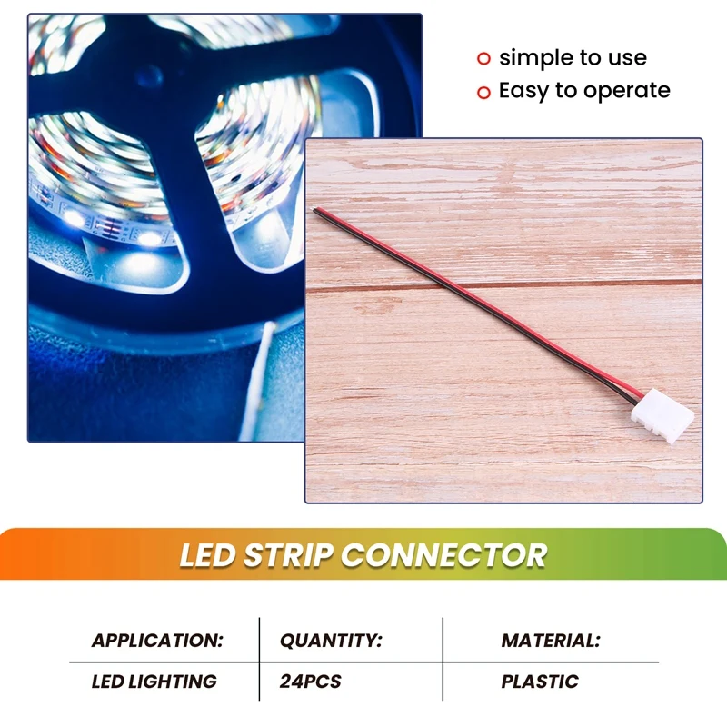 24Pcs 8Mm 2 Pin LED Strip Light Connector For 8 Mm Wide Flexible SMD 3528 2835 Single Color LED Strip Lights Solderless