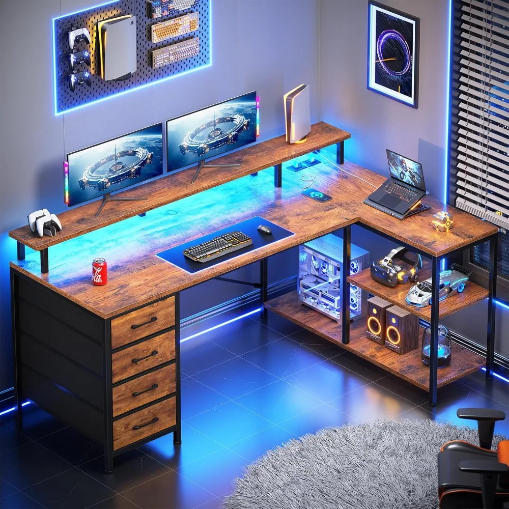 L Shaped Desk with 4 Drawers and Storage Shelves, L Shaped Gaming Desk with LED Lights & Power Outlets, Computer Desk with Shel