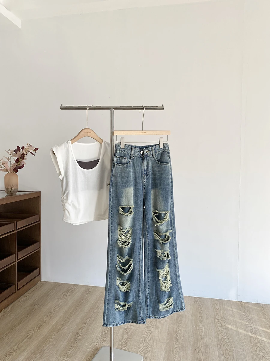 

2025 New Ripped Hole Denim Pants Chic Design Washed Loose Women's Trousers Casual High Waist Wide Leg Straight Jeans