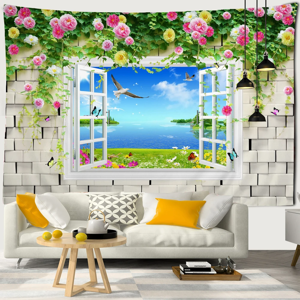 

Scenery Outside the Window Tapestry Wall Hanging Sandy Beach Picnic Rug Camping landscape Tapestries Pad Home Decor Wall Cloth