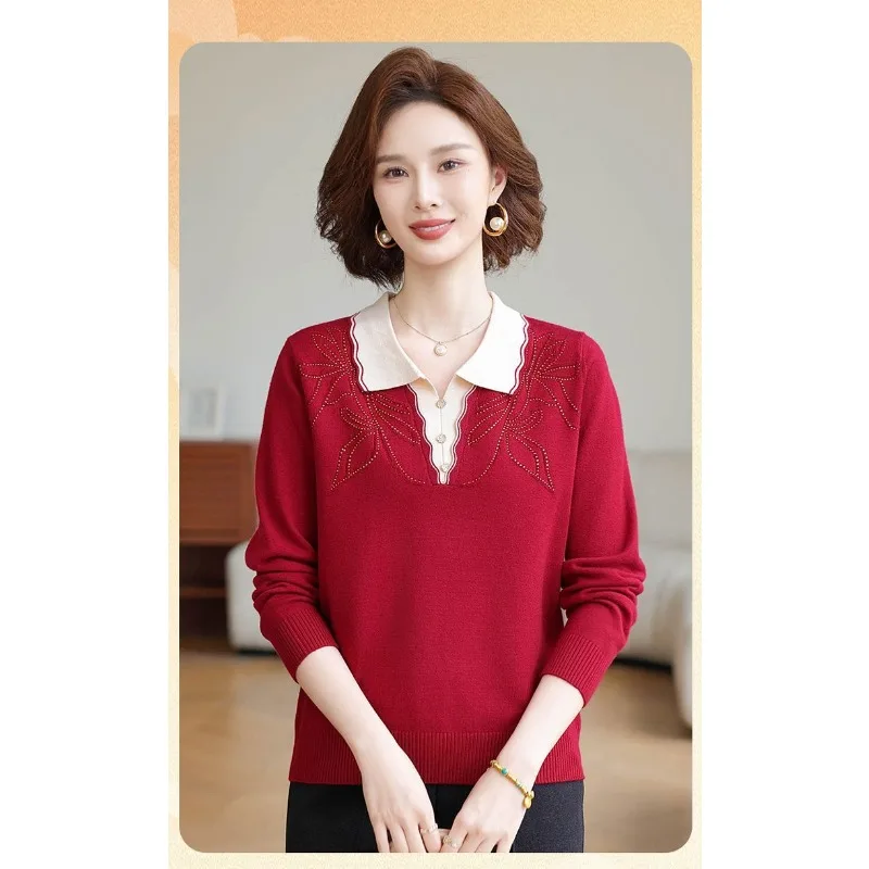 Bottoni con colletto POLO con presa nuova da donna Tinta unita alla moda Allentato Versatile Casual Top lavorato a maglia a maniche lunghe