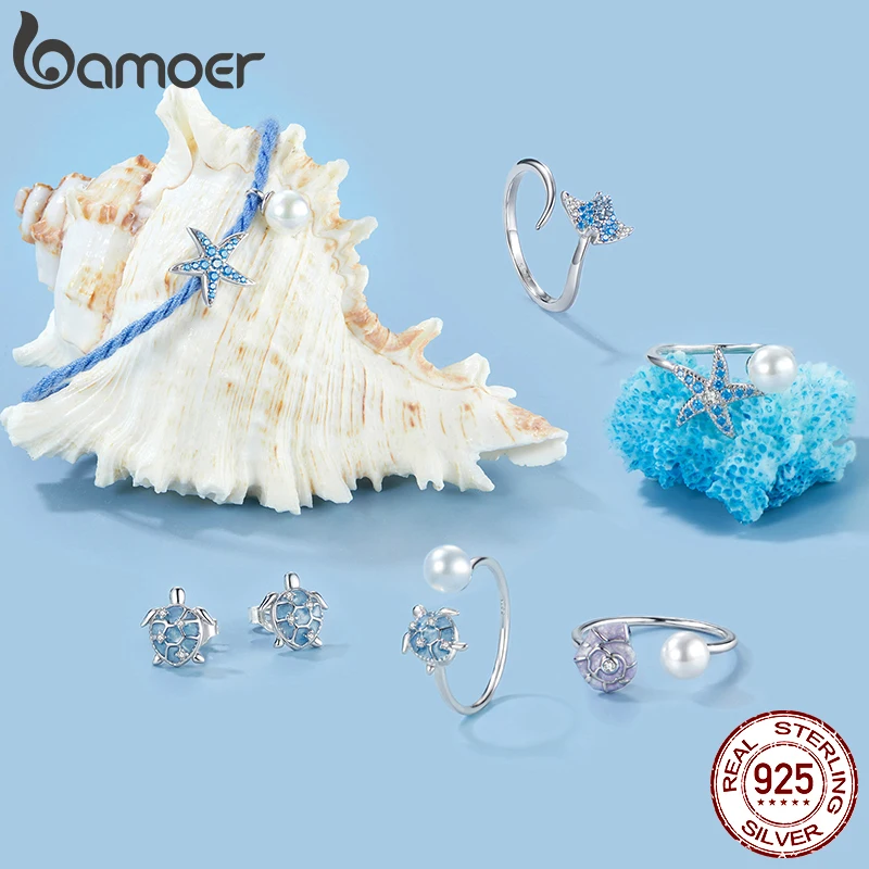 BAMOER Solid 925 Sterling Silver Turtle Pearl Ring Stacking Finger Ring, Cute Animals Adjustable Open Rings Birthday Gift