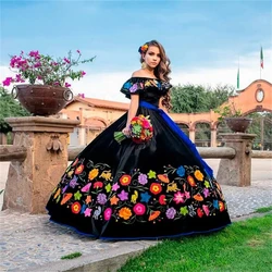 Black Princess Quinceanera Dresses Ball Gown Off The Shoulder Embroidery Sweet 16 Dresses 15 Años Mexican Customized
