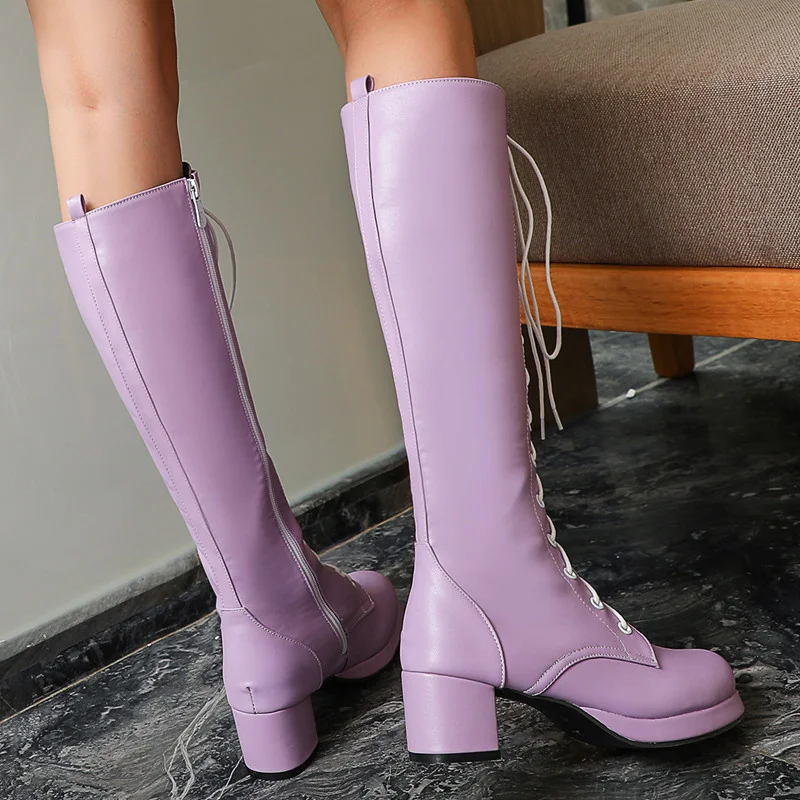 Woman Lovely Sweet Lace Up Purple Pink White Fashion Women\'s High Knee Boots Winter Shoes Lolita Shoes Girls Boots Large Size 48