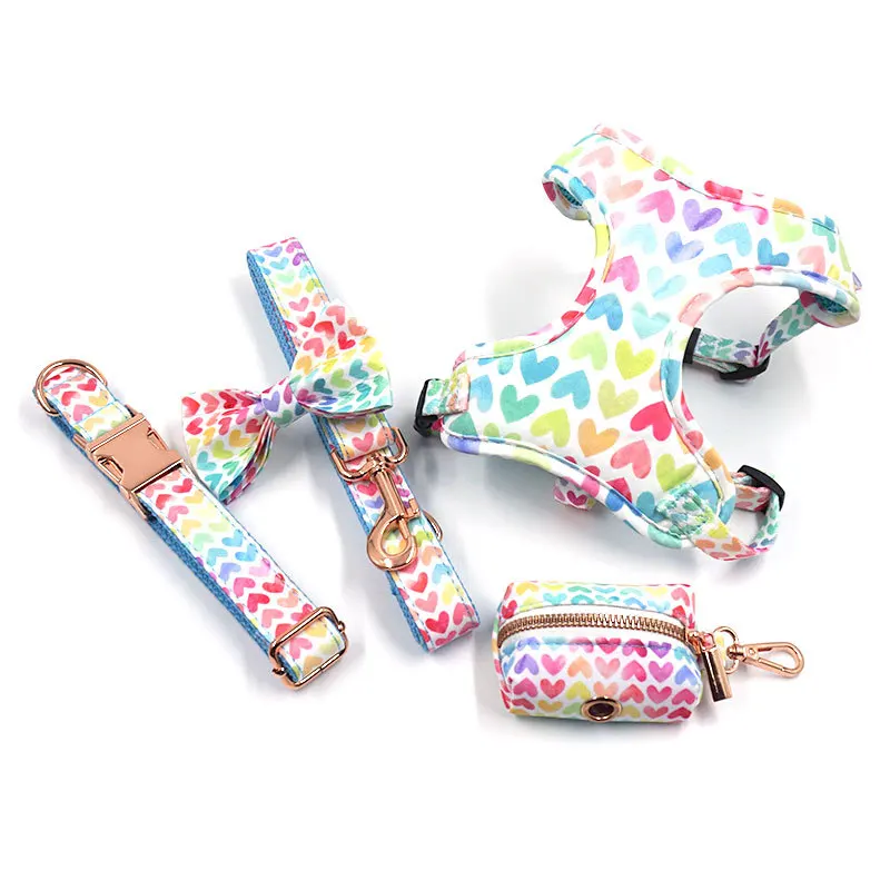 INS Cute Heart Print Dog Harness Leash set Custom Engraved Nameplate Dog Collar with Bow Personalized ID Name Tag Puppy Poop Bag