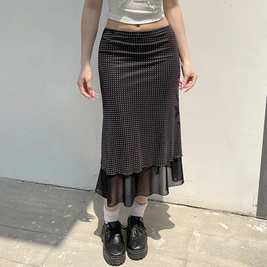 Chic Women Midi Skirt Polka Dot Skirt Double Layer High Waist Flowy Casual Elegant Skirts 2026 Spring Summer High Street Skirt