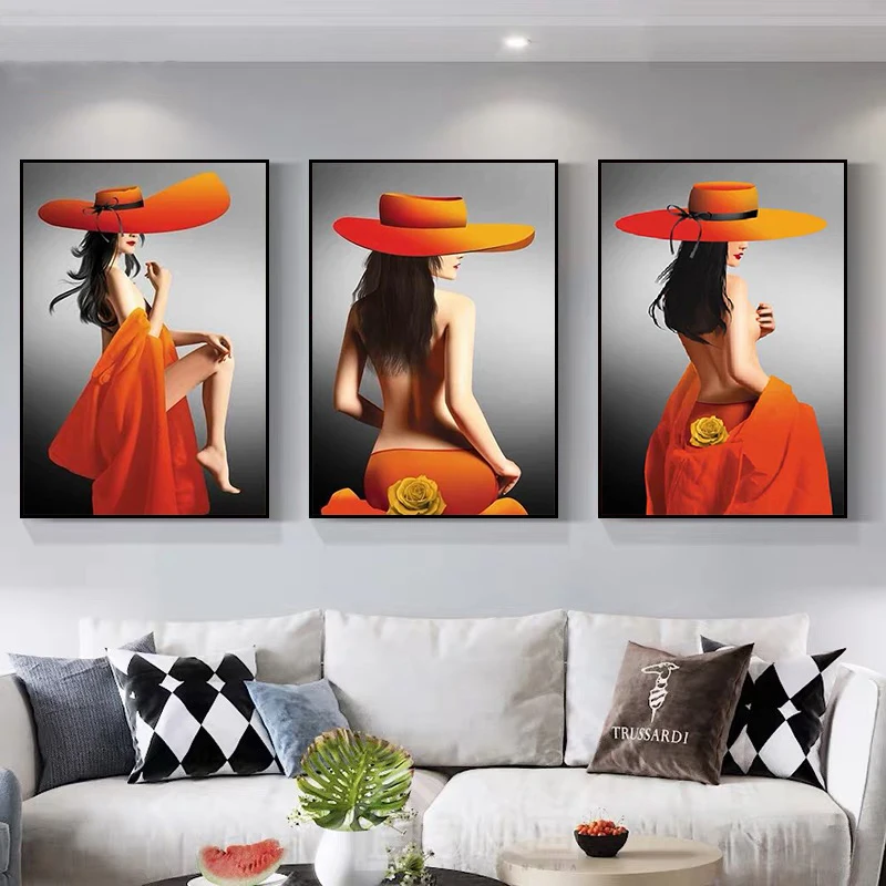 5D Diamond Painting Sexy Orange Big Hat Woman Diamond Embroidery Mosaic Rhinestone Pic Bedroom Home Decoration Handwork Gift