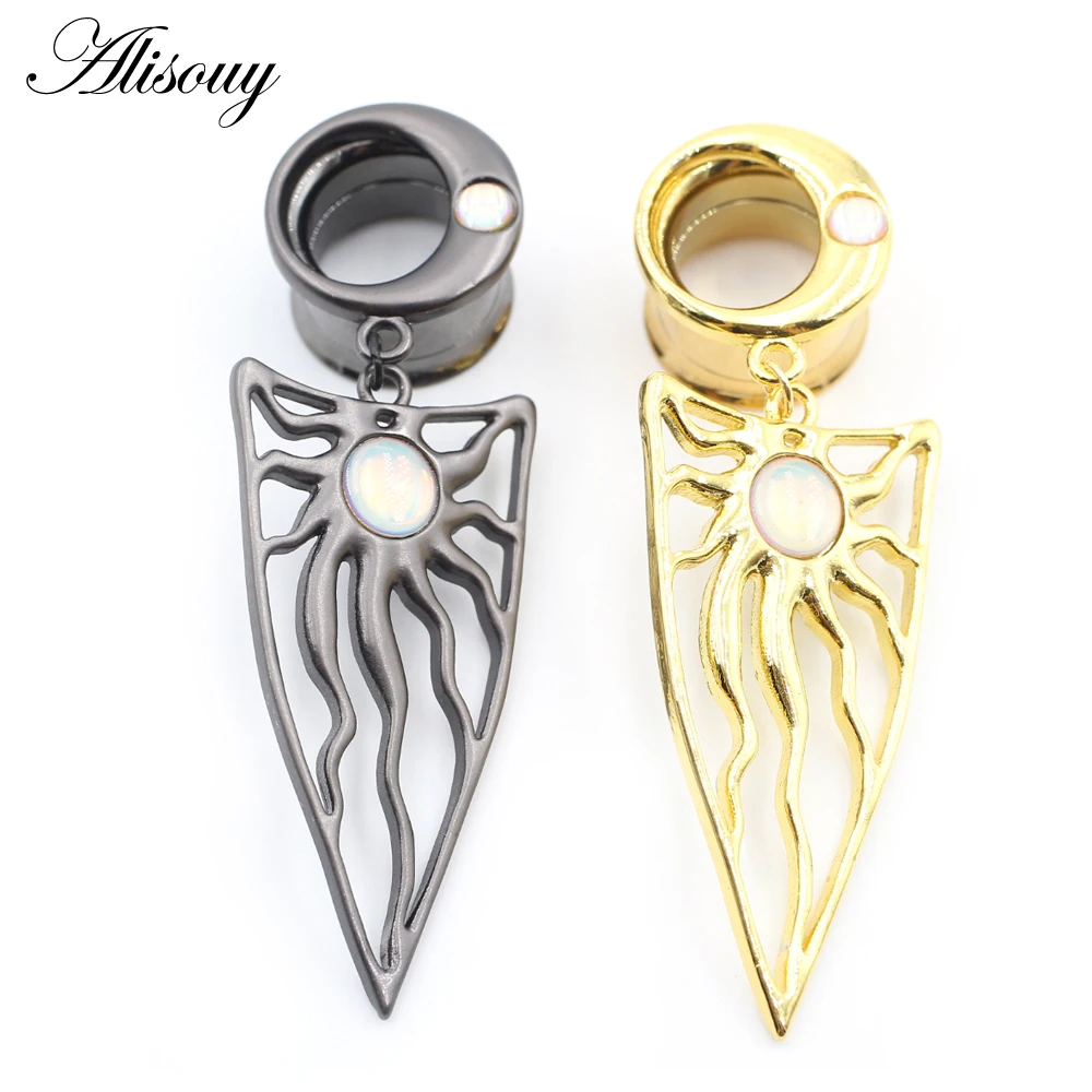 Alisouy 2PCS Stainless Steel Moon Sun Opal Triangle Ear Tunnels Plugs Expander Stretcher Gauge Earrings Piercing Body Jewelry