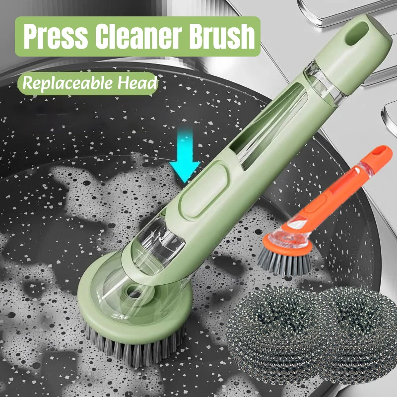 Press To Dispense Cleaner Brush Kitchen Pan Brush with Soap Dispenser Long Handle Hang Dish Brush Replaceable Heads Clean Tools