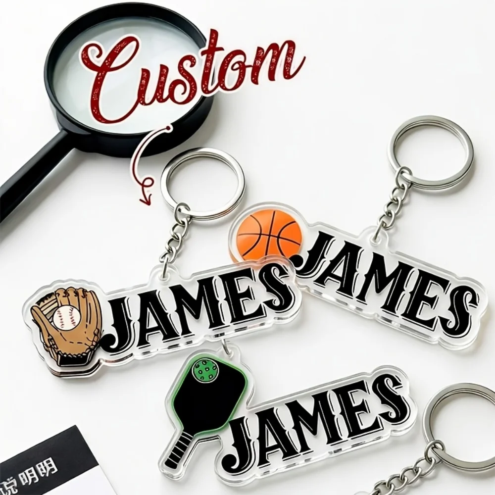 Customized Text Acrylic Ball Games Keychain, Customized Label Keychain Pickle Ball, Baseball, Basketball, Football, Team Gift