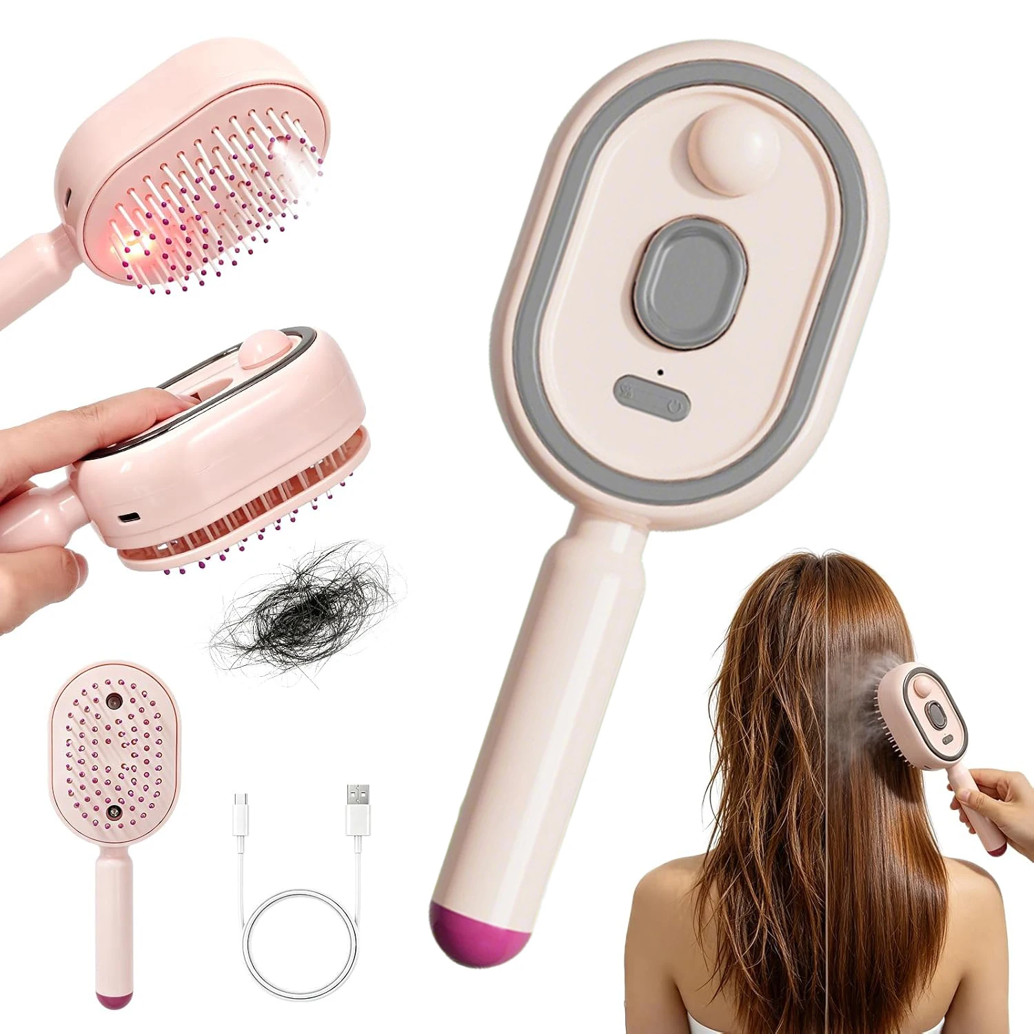 Electric Steam Brush for Hair, Electric Spray Air Cushion Massage Comb with Red Light Therapy, USB Rechargeable Spray Hair Brush