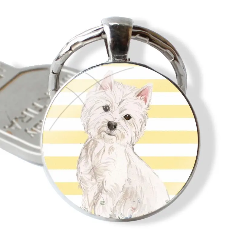 lovely Westie dog Pattern Keychain Handmade Glass Cabochon Key Ring Holder Pendant Key Chains