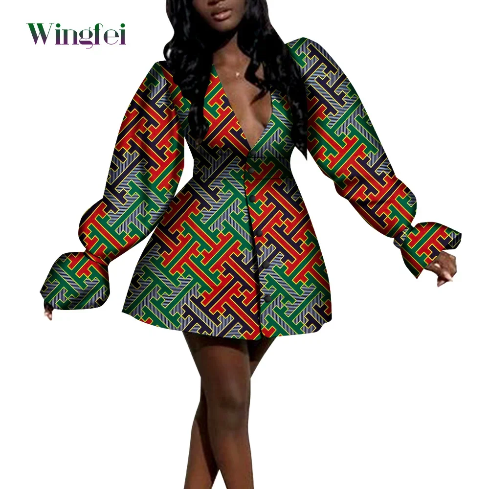 African Women Ankara Print Coat Dresses V-neck Sexy Lady Dashiki Party Dresses Casual Long Sleeve Tops Trentch WY8268