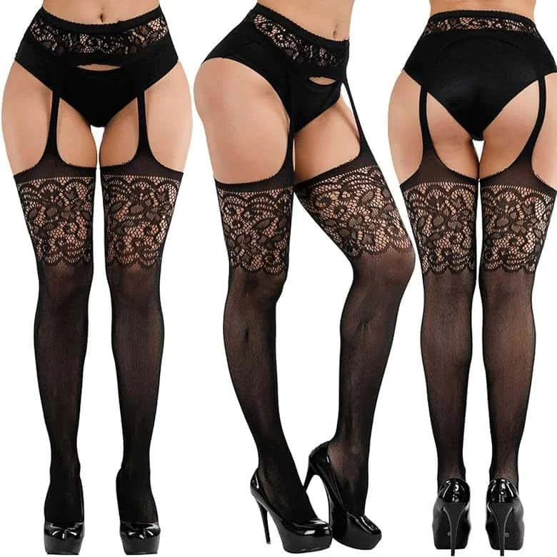 Large Plus Size Tights Sexy Hot Fishnet Suspender Garter Belt Thigh High Stockings Lace Floral Pantyhose for oversize Women XXXL