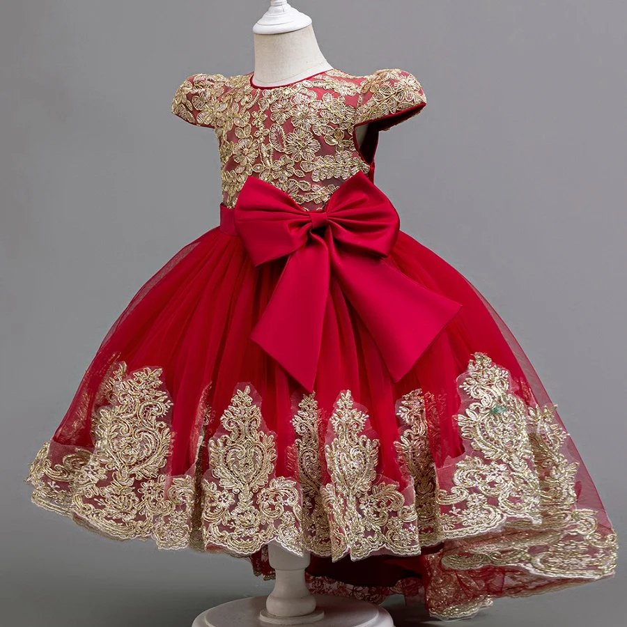Girls Big Bow Tail Princess  Fashion Embroidery Baby Birthday  Wedding Flower Girl  Elegant stage show host dress