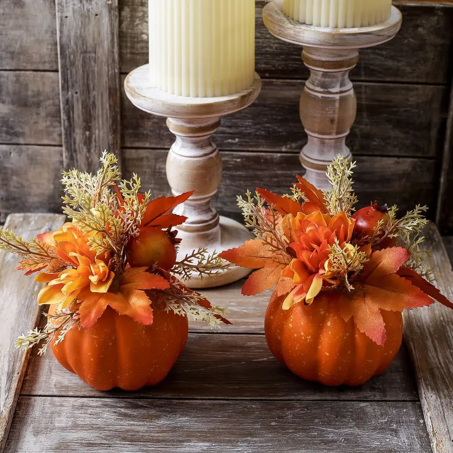 Artificial Pumpkin & Claw Chrysanthemum Ornament, Fall Autumn Simulation Flower, Thanksgiving Halloween Table Counter Home Decor