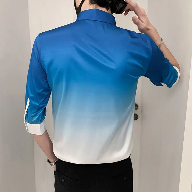 Summer New Turn-down Collar Fashion Half Sleeve Shirt Man High Street Casual Slim Button Cardigan Gradient All-match Y2K Tops