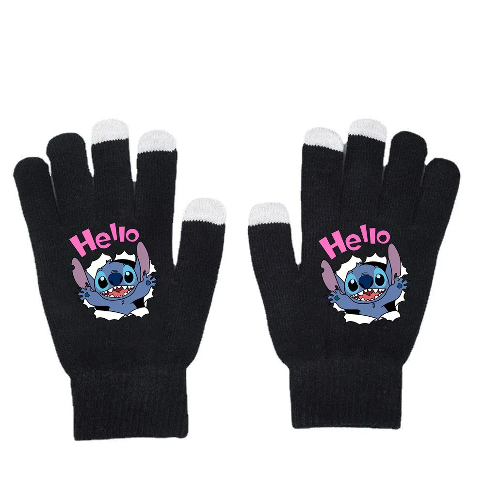 Disney Lilo & Stitch Gloves Cute Cartoon Stitch Fall Knit Winter Warm Touch Screen Gloves Solid Color Printed Black for Gifts