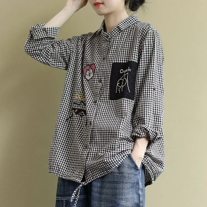 

Slimming Plaid irt Casual Collar Labell Women's Clothing Versatile Long Sve Artistic Sle Commute Faion