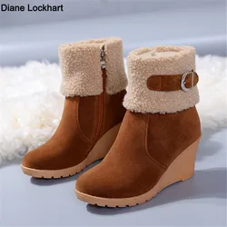 Winter Boots Women Fur Warm Snow Boots Ladies Side Zip Wedges Flock Booties Ankle Boots Comfortable Shoes Casual Female Boots