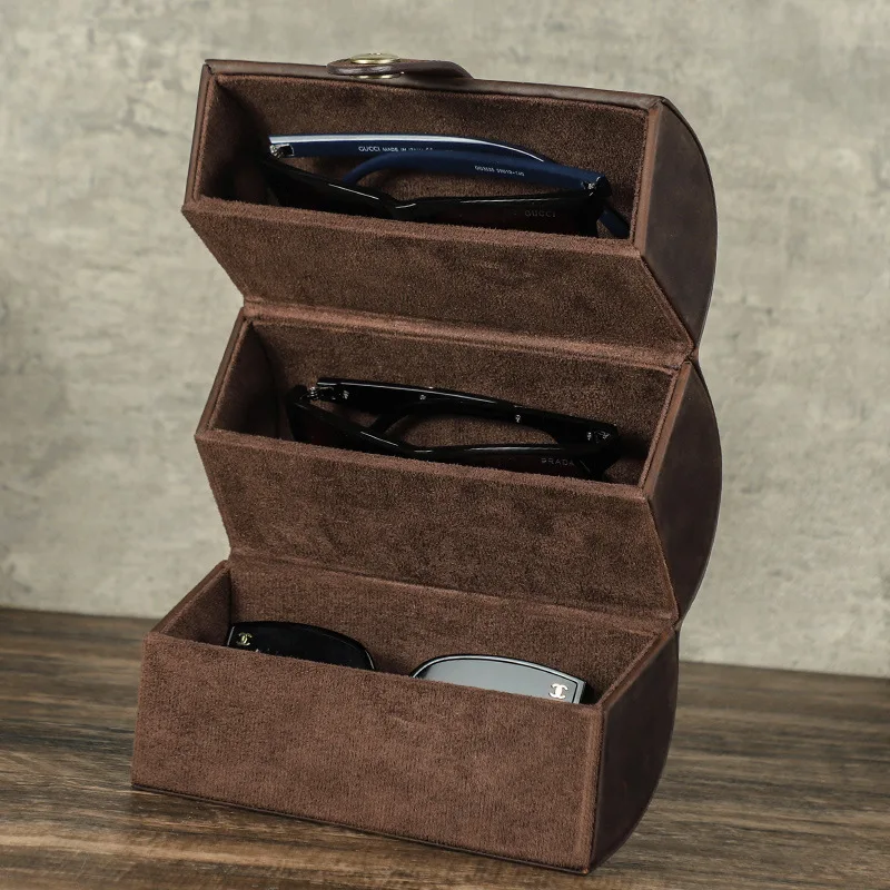 Retro Style Genuine Leather Eye Glasses Box Portable Handmade 3-Layers Storage Box for Sun Glasses