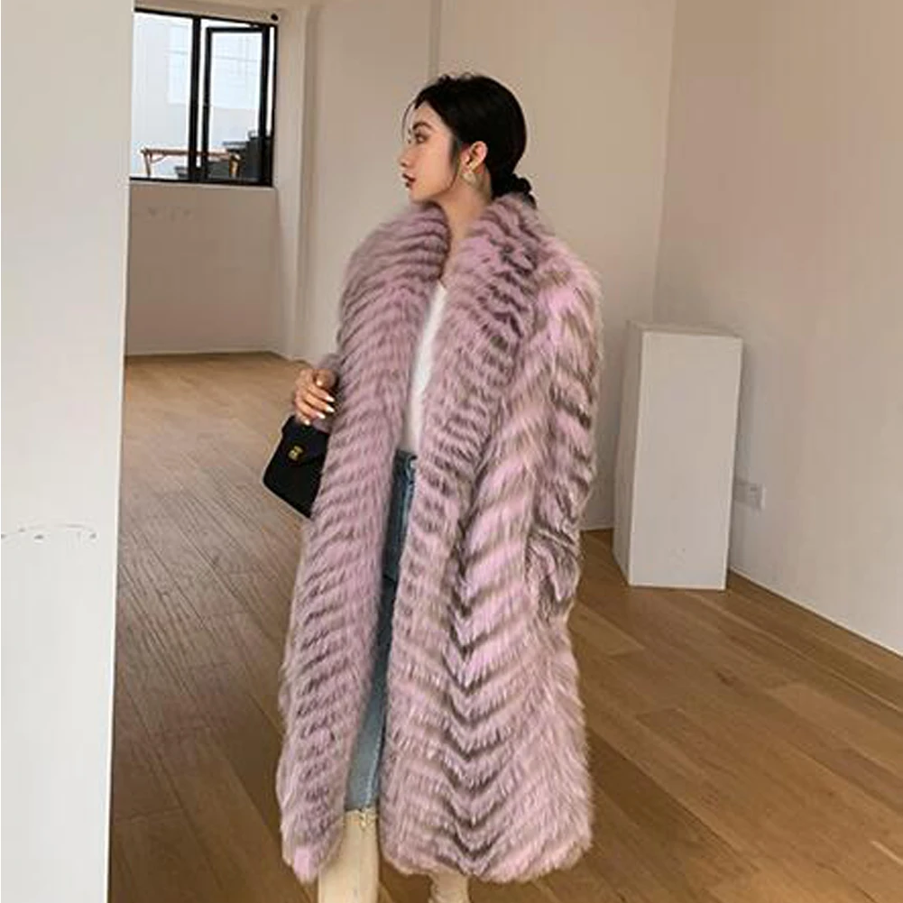 Denny&Dora Womens Fox Fur Coat Long Winter Warm Coats Female Natural Fur Coats Outwear