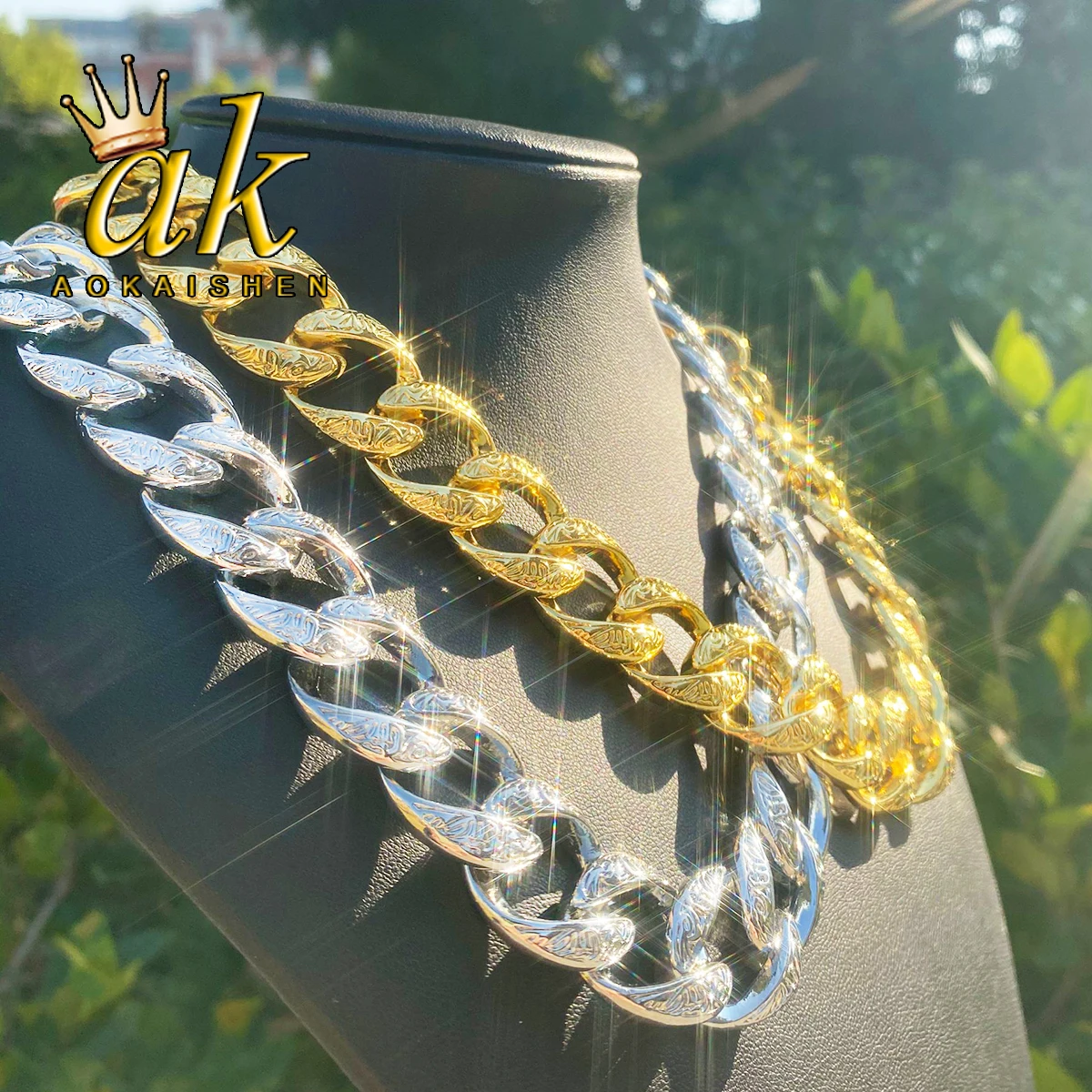 Aokaishen Patterned Rounded Link Chain for Men Necklace Choker Real Copper Gold Plated Hip Hop Jewelry